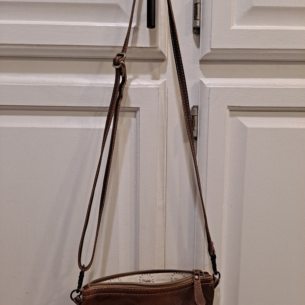 Myra Bag Brown Leather and Gray Blue Camo Canvas With Star Cowhide Crossbody - Picture 7 of 8